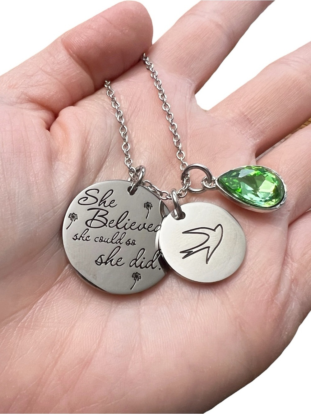 New Silver Tone Charm Pendant “She Believed She Could So She Did” Necklace